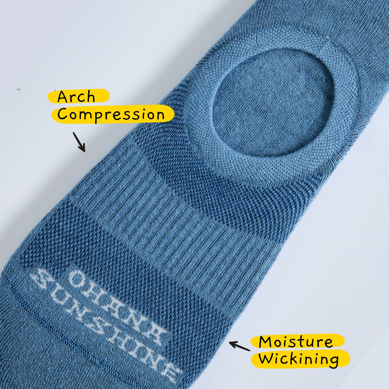Close-up of Ohana Sunshine sock showing arch compression band and moisture-wicking mesh for foot-hugging fit and breathable comfort