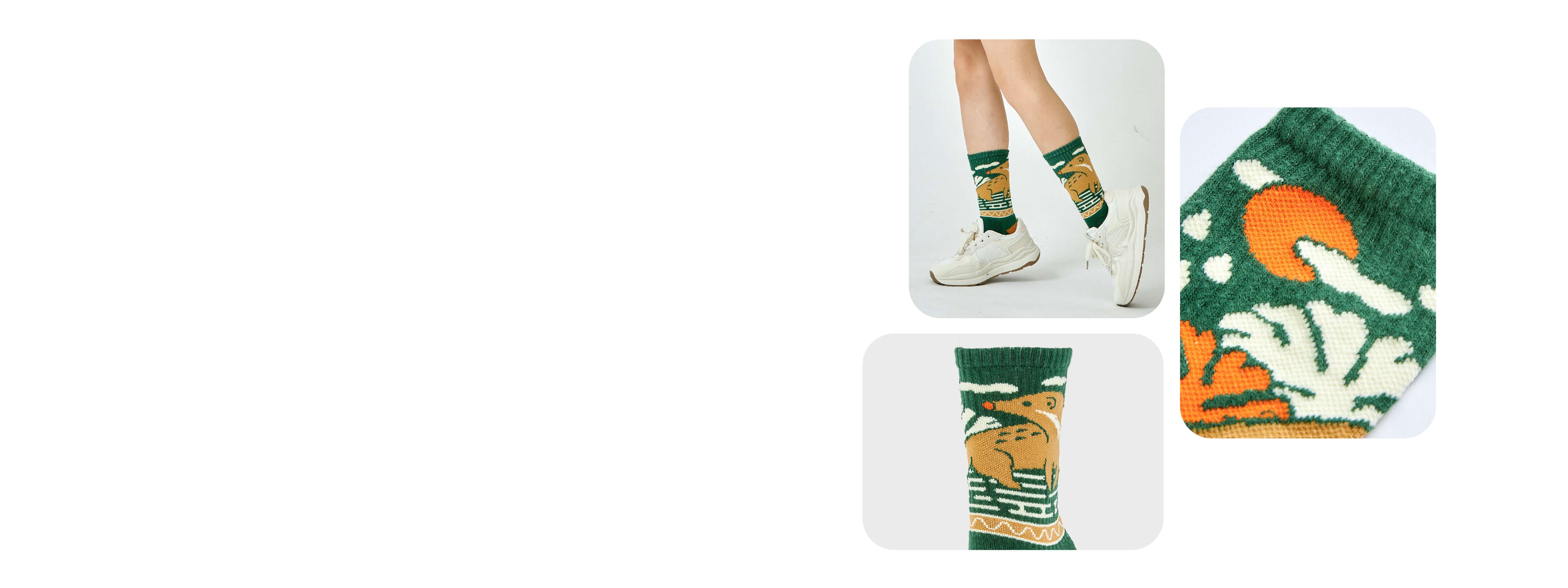 Green ribbed hiking socks featuring an illustrated mongoose, broad-leaf ferns, and an orange sun in a Japanese woodblock print style; shown woman worn with white sneakers and in close-up to highlight the detailed knit pattern.