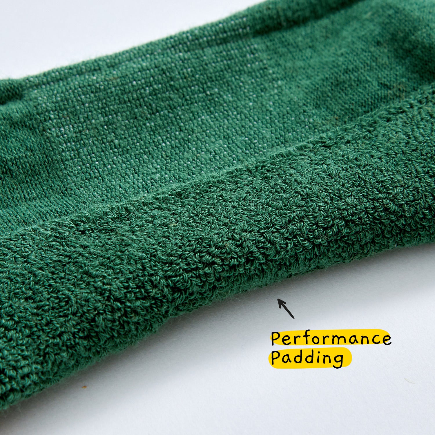 Close up of full terry cushioning from bottom to heel on green color hiking socks for added support and blister prevention