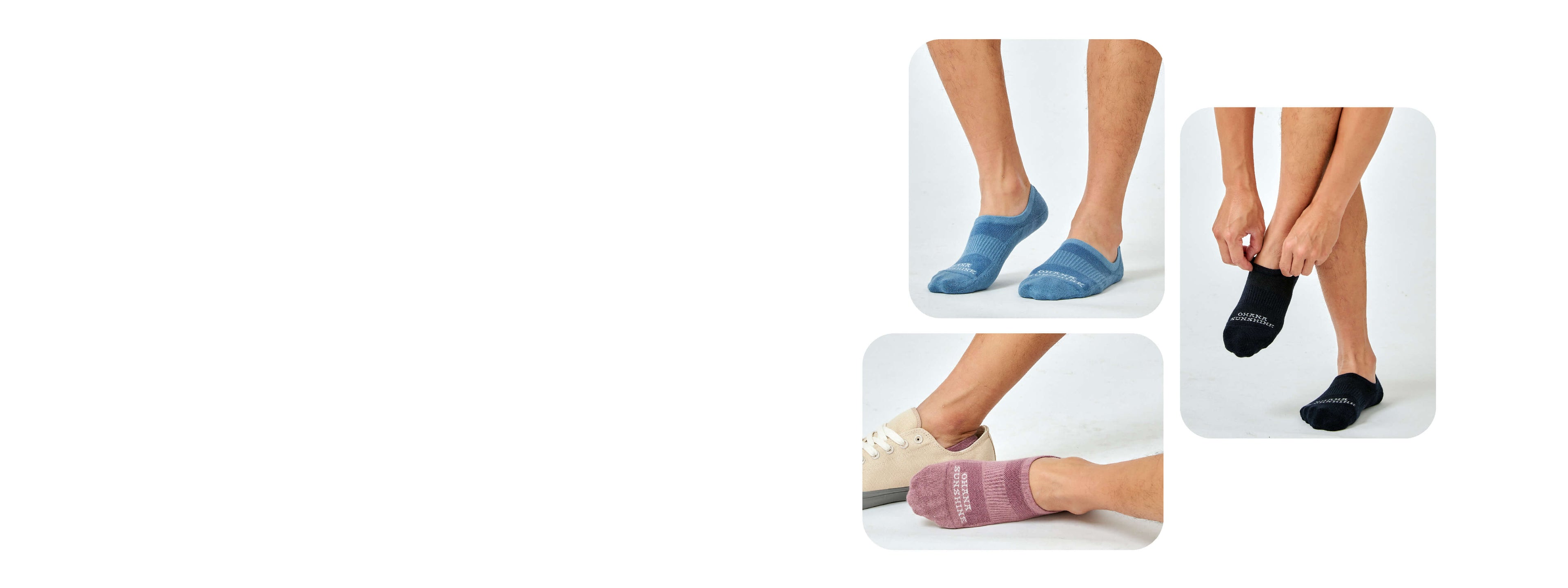 Men wearing Ohana Sunshine no-show socks in blue, black, and burgundy—designed to stay hidden inside loafers and sneakers