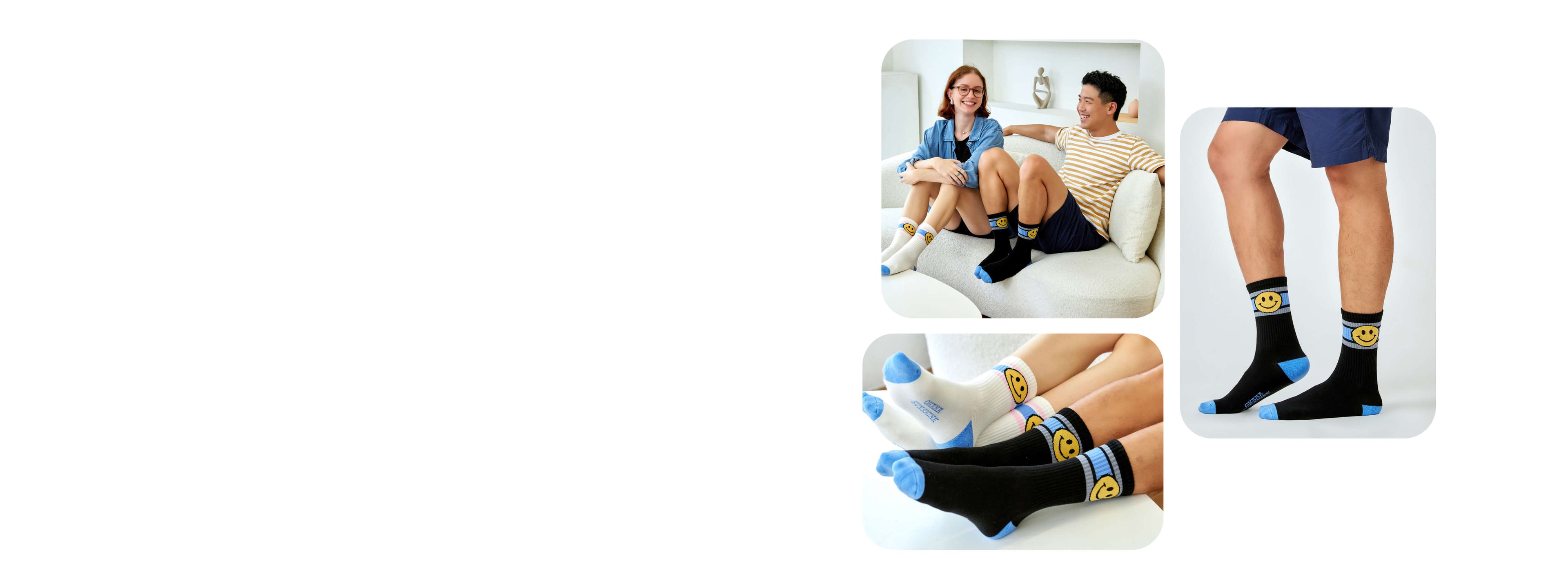 a man and a woman lounging on a couch wearing Ohana Sunshine’s ribbed retro crew socks with a smiley face design—shown in black and white colorways. Close-up views highlight the arch compression and ribbed texture, designed for all-day comfort and cheerful style.